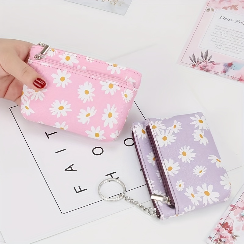 

Mini Cute Daisy Print Coin Purse, Portable Credit Card Holder, Women's Casual Card Case & Key Bag
