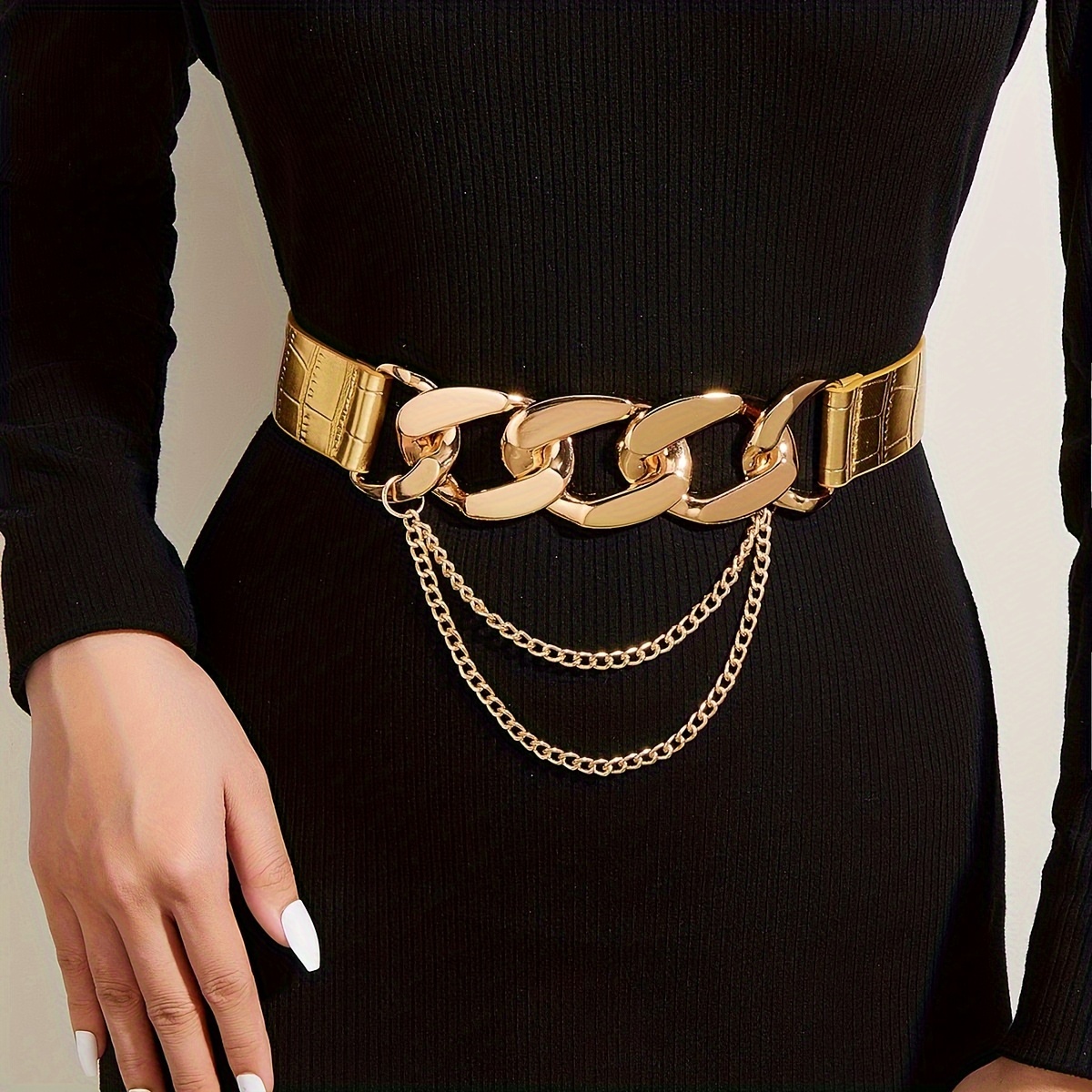 Elastic Belts Chain Decor Women Elastic Belt Faux Leather - Temu