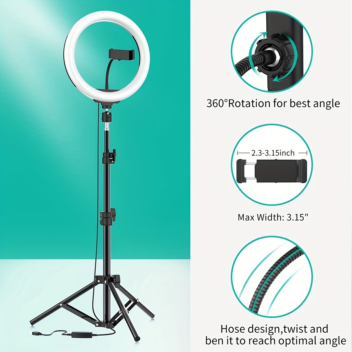 Anillo de luz LED para Selfie, Lámpara Regulable 26 cm, Estudio