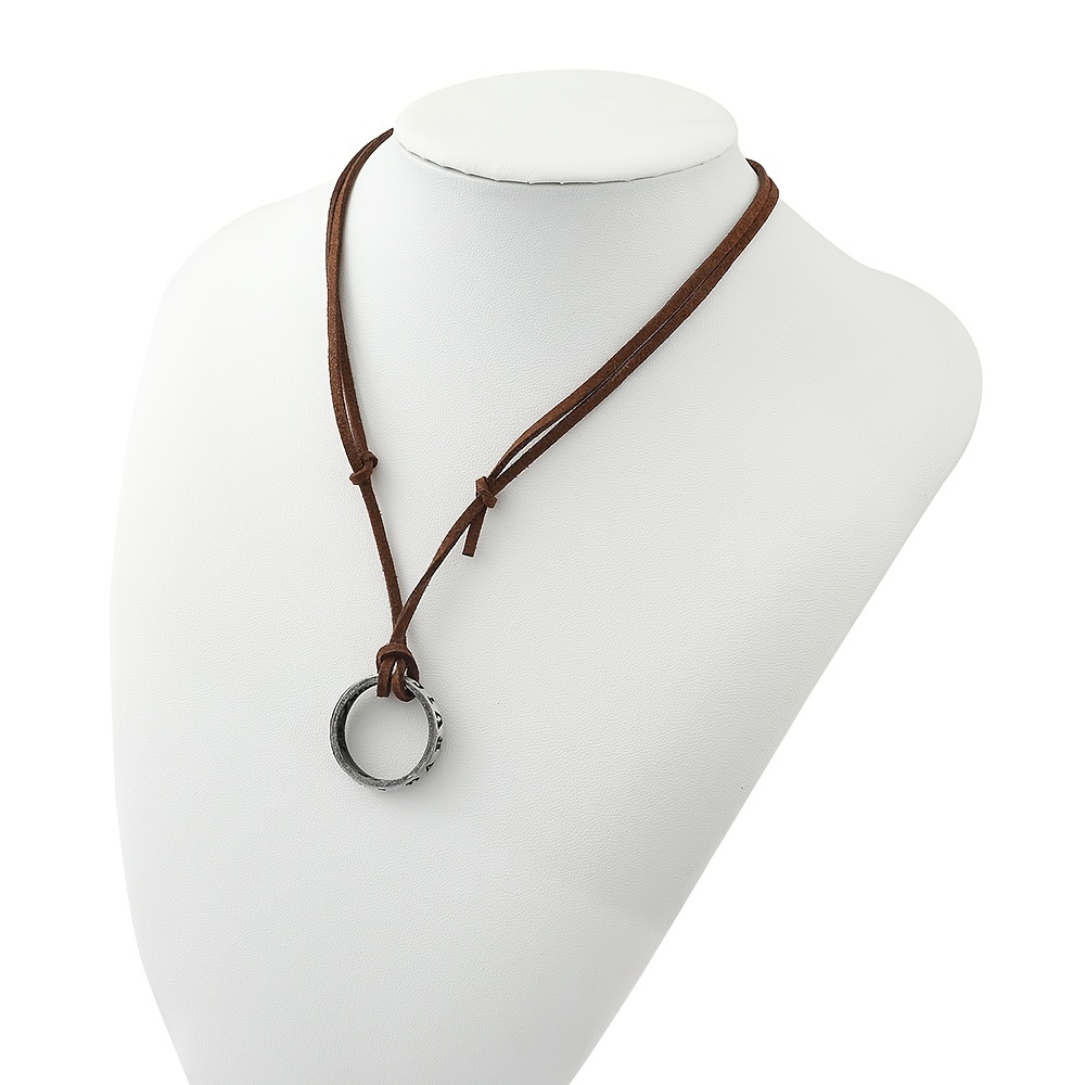Men's Adjustable Brown Leather Chain Pendant Necklace with Ring