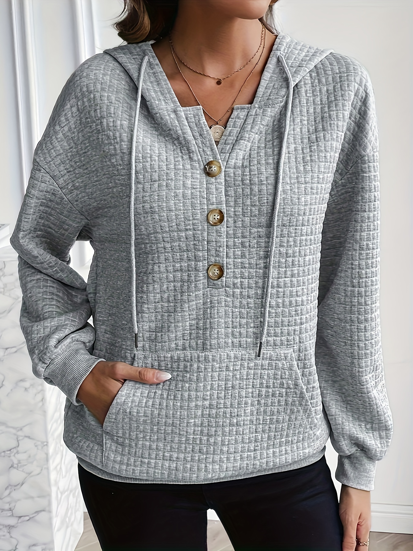 Solid Waffle Half Button Drawstring Hoodie, Casual Long Sleeve Kangaroo  Pocket Sweatshirt, Women's Clothing