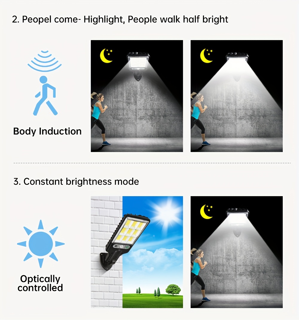 108cob solar powered street lamps 3 lighting modes with remote control wireless motion sensor detector outdoor garden garage patio path parking lot security external wall light for christmas decoration easy to install 1pack 2packs 3packs 4packs details 9