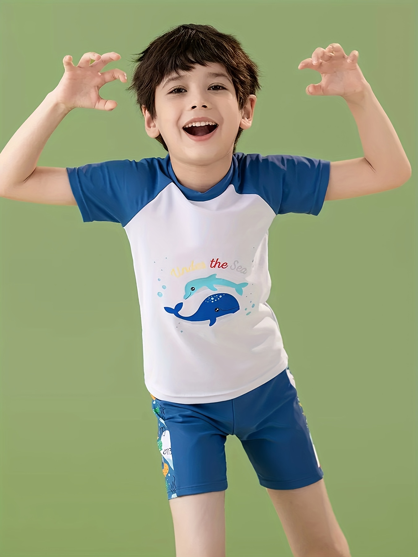 One-Piece Boys Kids Swimming Suit Blue Short Sleeve Swimwear Shark Beach  Wear