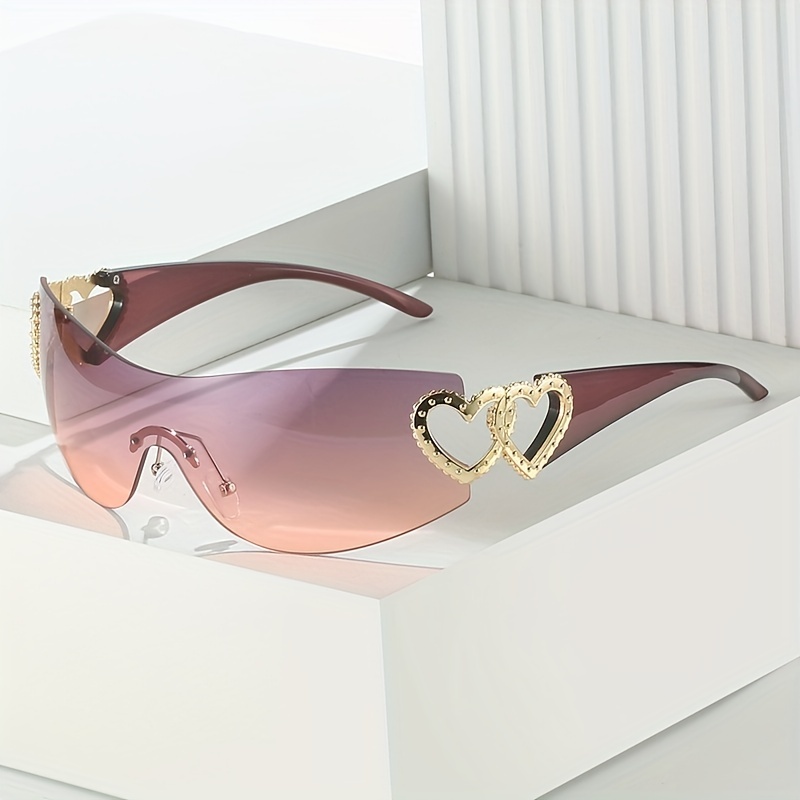 Y2K Wrap Around Fashion Sunglasses for Women Men One-Piece Gradient Lens Glasses Heart Design Hollow Temple Eyewear UV400,Sun Glasses,Goggles