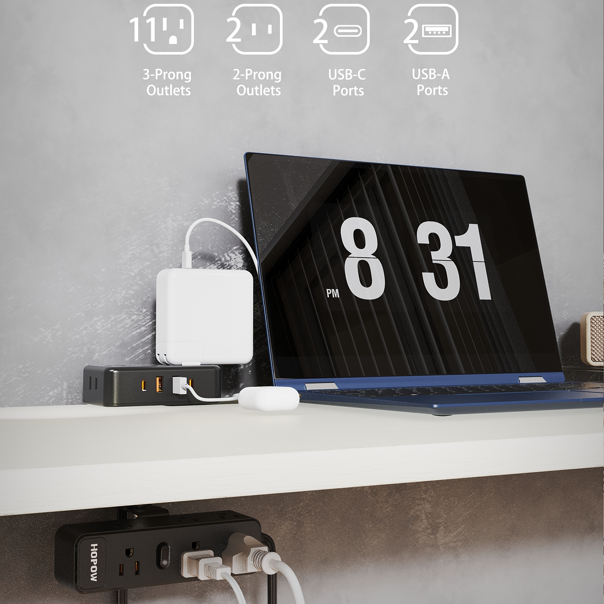Regleta de alimentación con abrazadera de escritorio de 3 salidas con USB  C, enchufe plano blanco, enchufe plano blanco, enchufe de abrazadera de