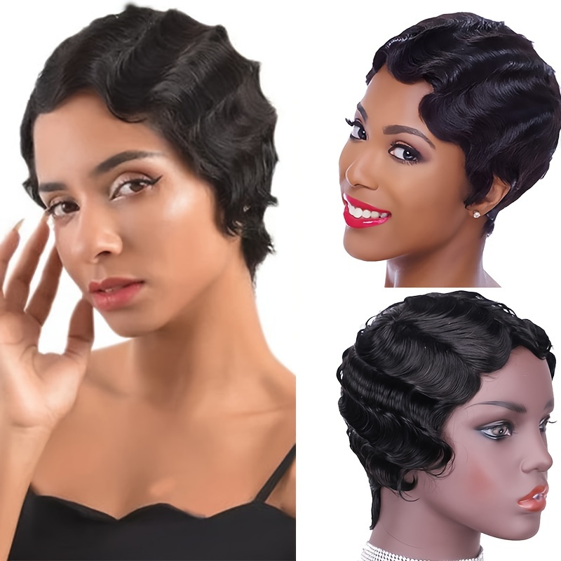 Finger Wave Short Human Hair Wig Ocean Wave Pixie Cut Wig Temu