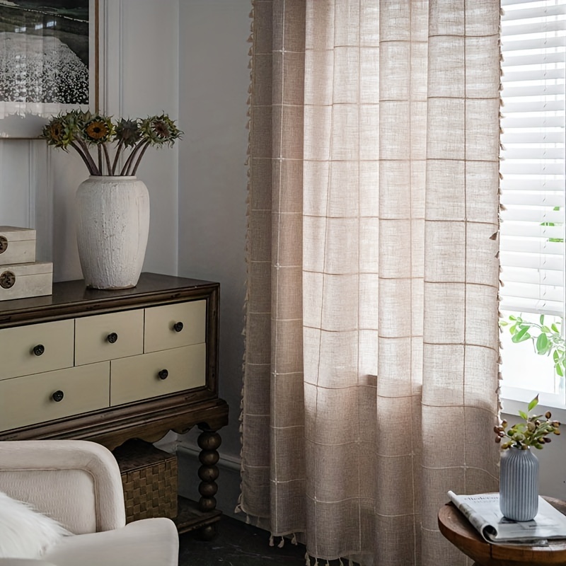 Cortina oscura de lino de algodón a cuadros bordada, cortina semiopaca de  granja Vhermosa BST3010994-1