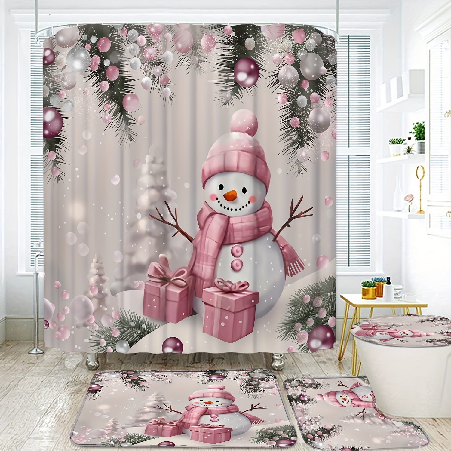 

4pcs Pink Gift Snowman Shower Curtain Set, Waterproof Bath Curtain With 12 Plastic Hooks, U-shaped Mat, Toilet Cover Mat, L-shaped Mat, Bathroom Decor, Christmas Decor