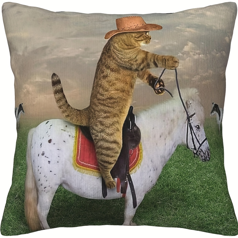 

1pc Adorable Cat Riding Horse Funny Pillow Case, Perfect Sofa Decoration For Family Parties (cushion Is Not Included) 18x18inch