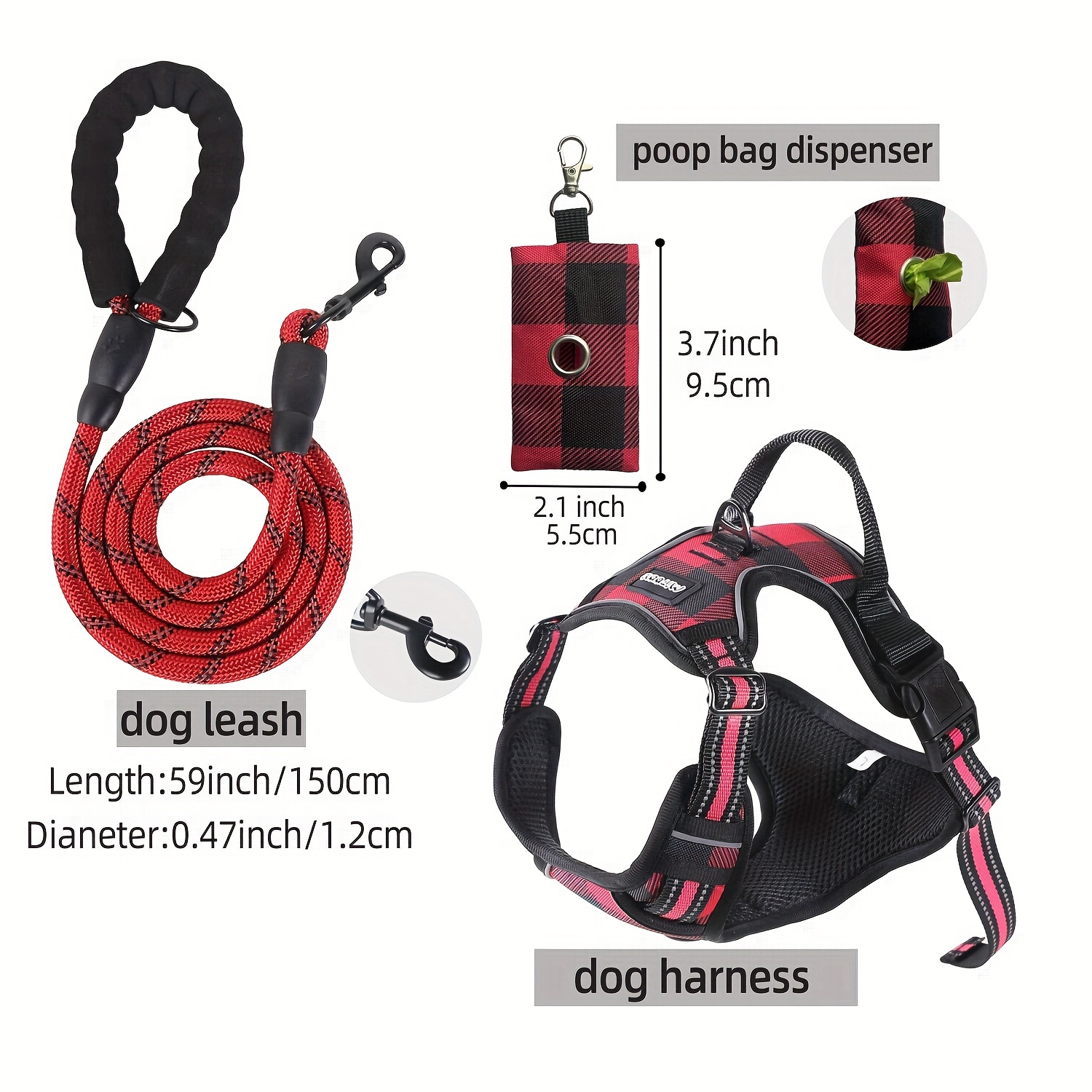 3pcs Escape-Proof Dog Harness Set with Leash and Poop Bag Dispenser -  Perfect for Medium and Large Dogs Walking, Adjustable and Soft