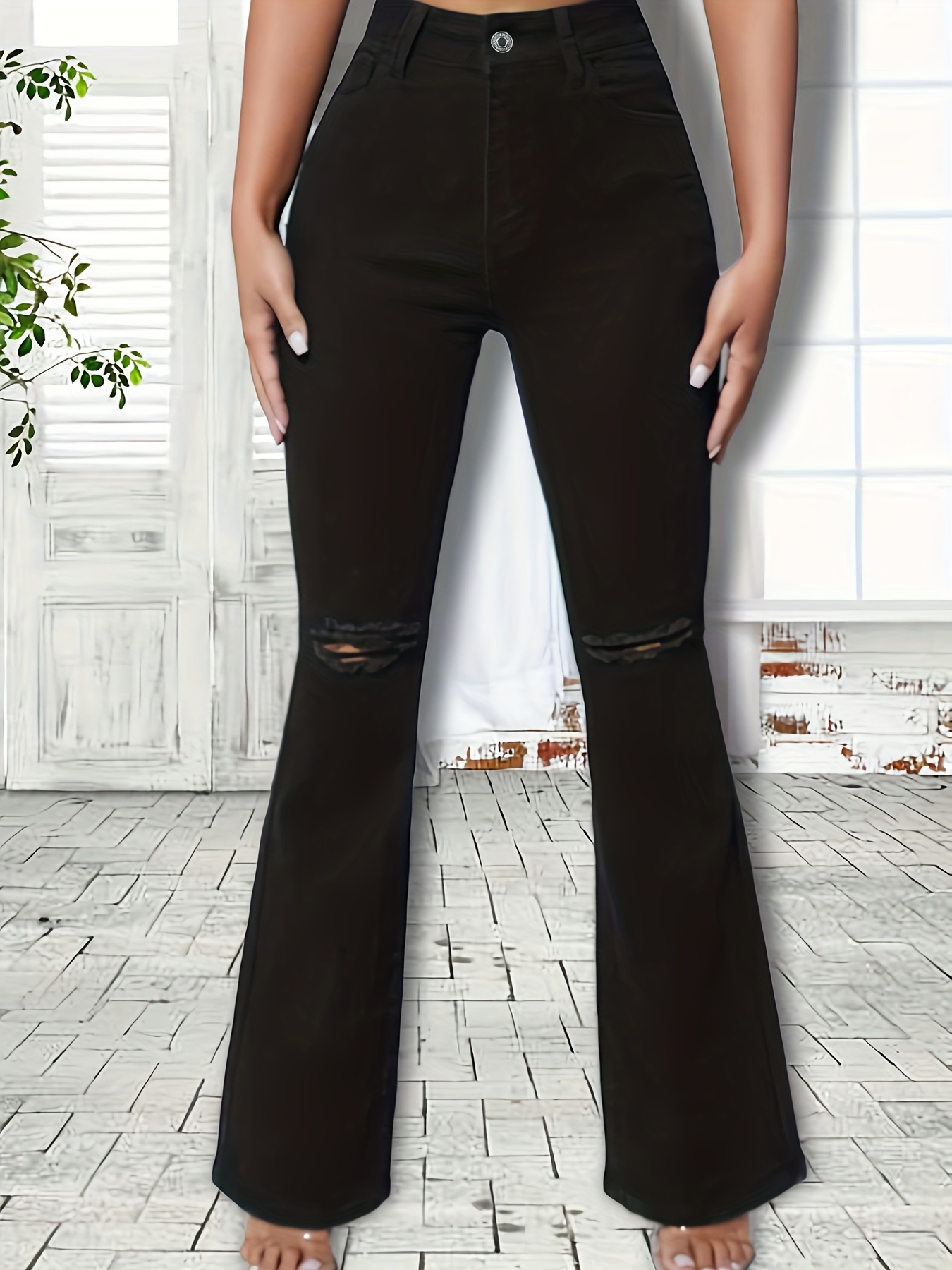Black Ripped Flared Jeans - Temu