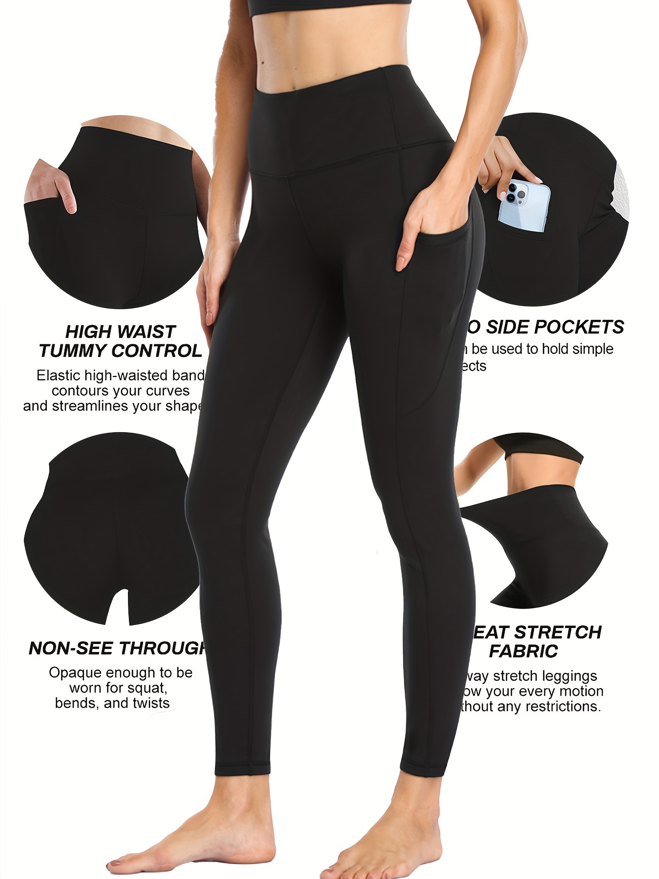 Plain Tummy Control Yoga Pants Pockets Slim Fit High Waist - Temu