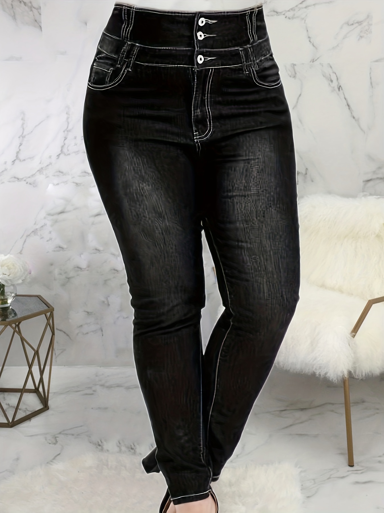 Plus Size Sexy Jeans, Women's Plus Solid Button Up High * High Stretch  Skinny Jeans