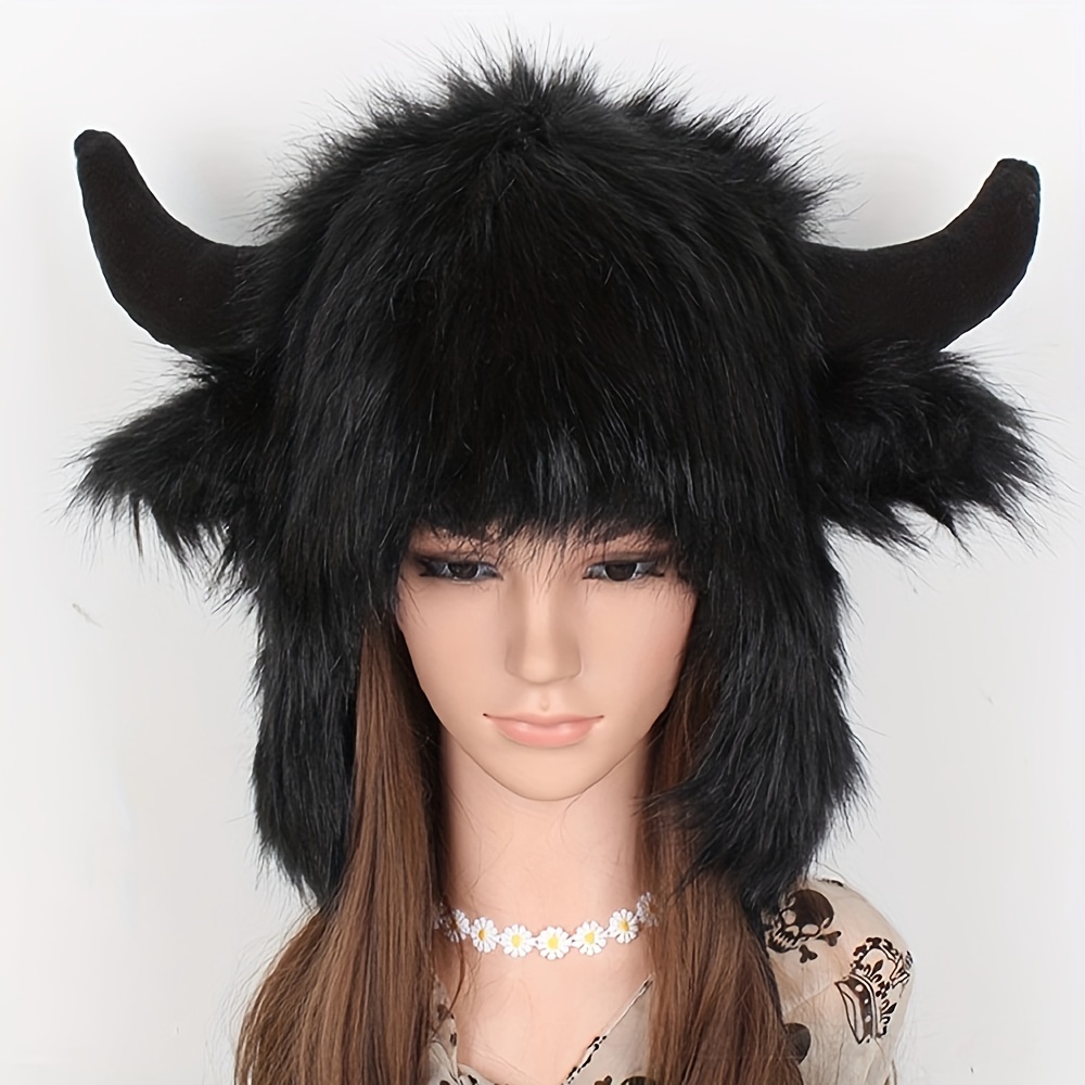 

Classic Fluffy Cow Hat With Horns Solid Color Ear Flap Hat Winter Warm Plush Hats Thick Coldproof Beanies Knit Hats For Women Female