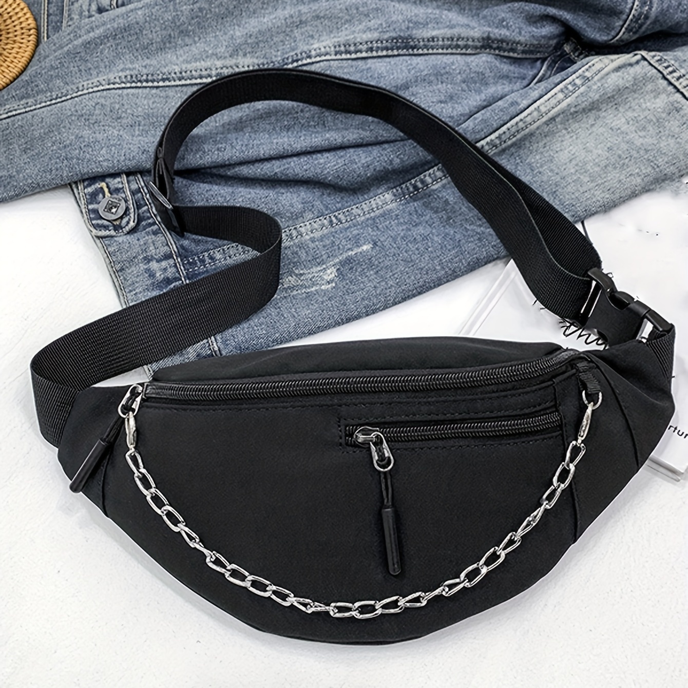 Chain Decor Fanny Pack Nylon Crossbody Bag