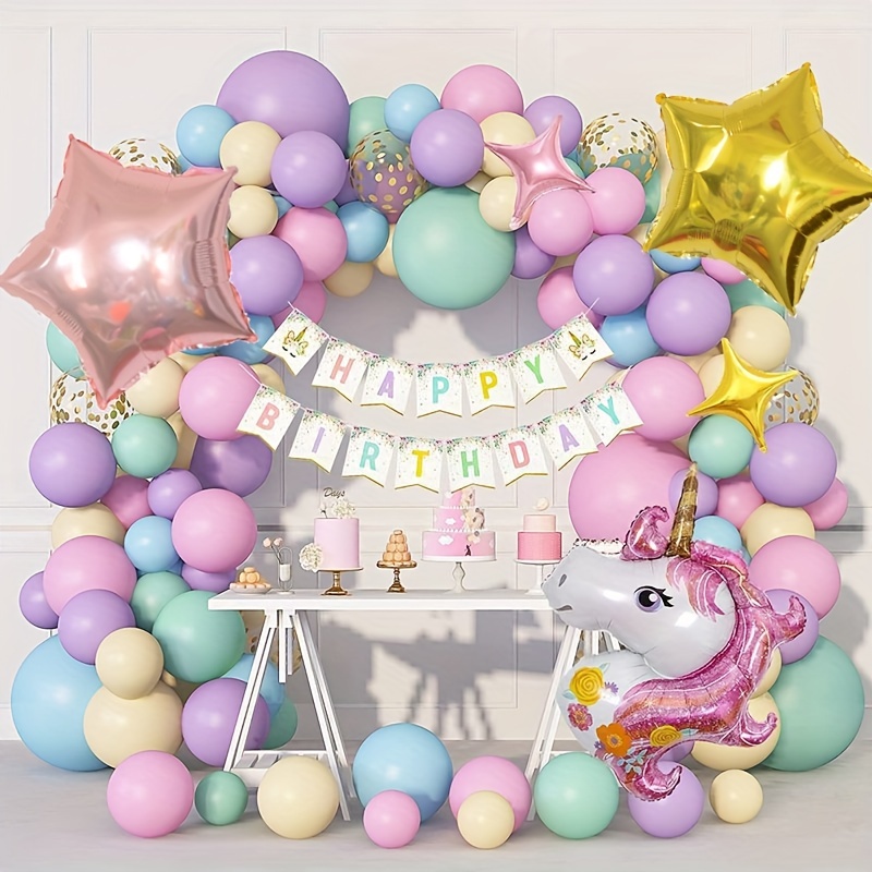 124pcs, New Macaron Balloon, Unicorn Flag Set, Birthday Party Baby Room ...