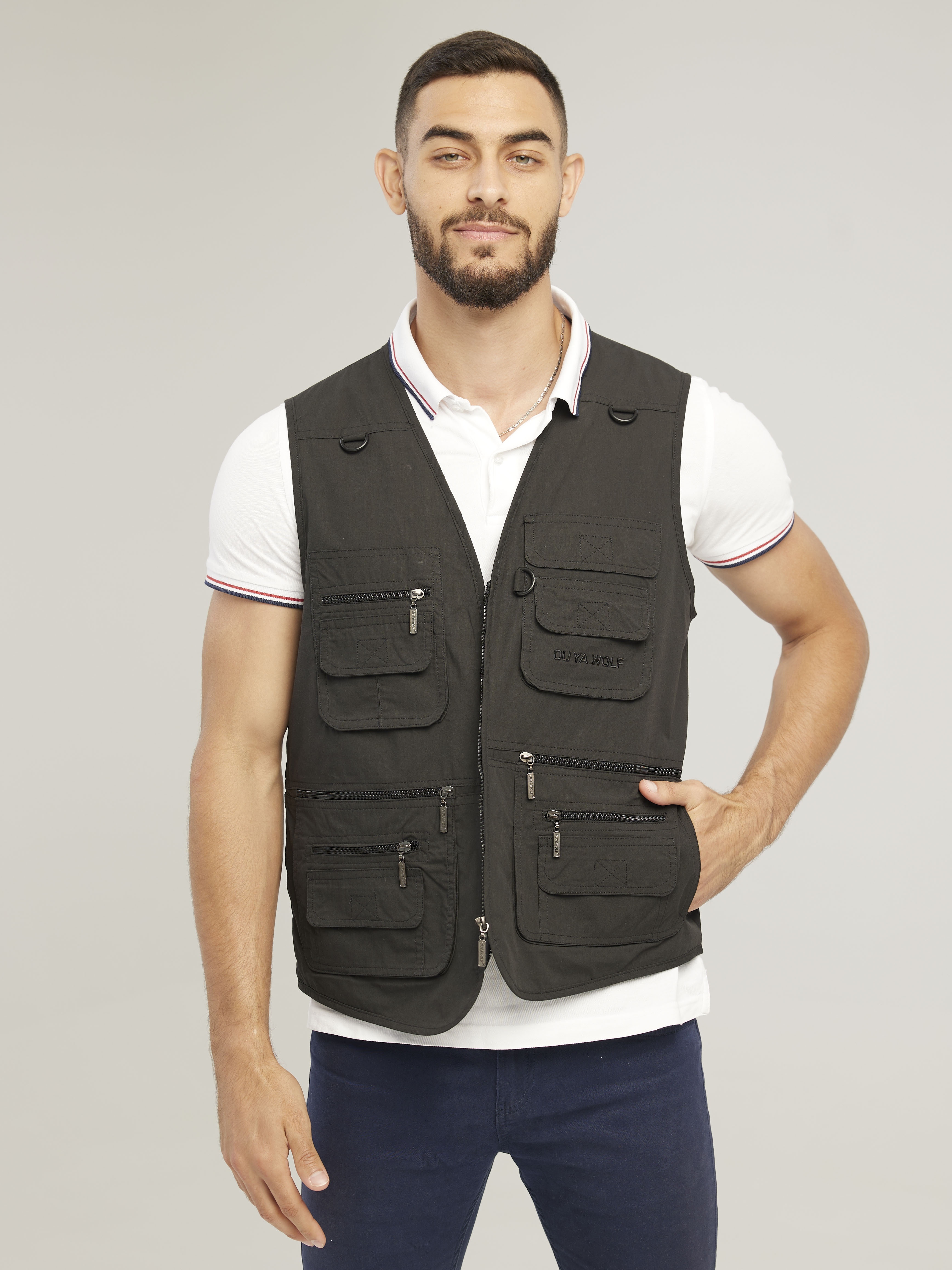 Temu Spring/Fall Cotton Blend Casual Photography, Men's V-Neck Solid Sleeveless Fishing Zipper Pockets Cargo Vest Outwear V Neck Zip Up Summer Outdoor