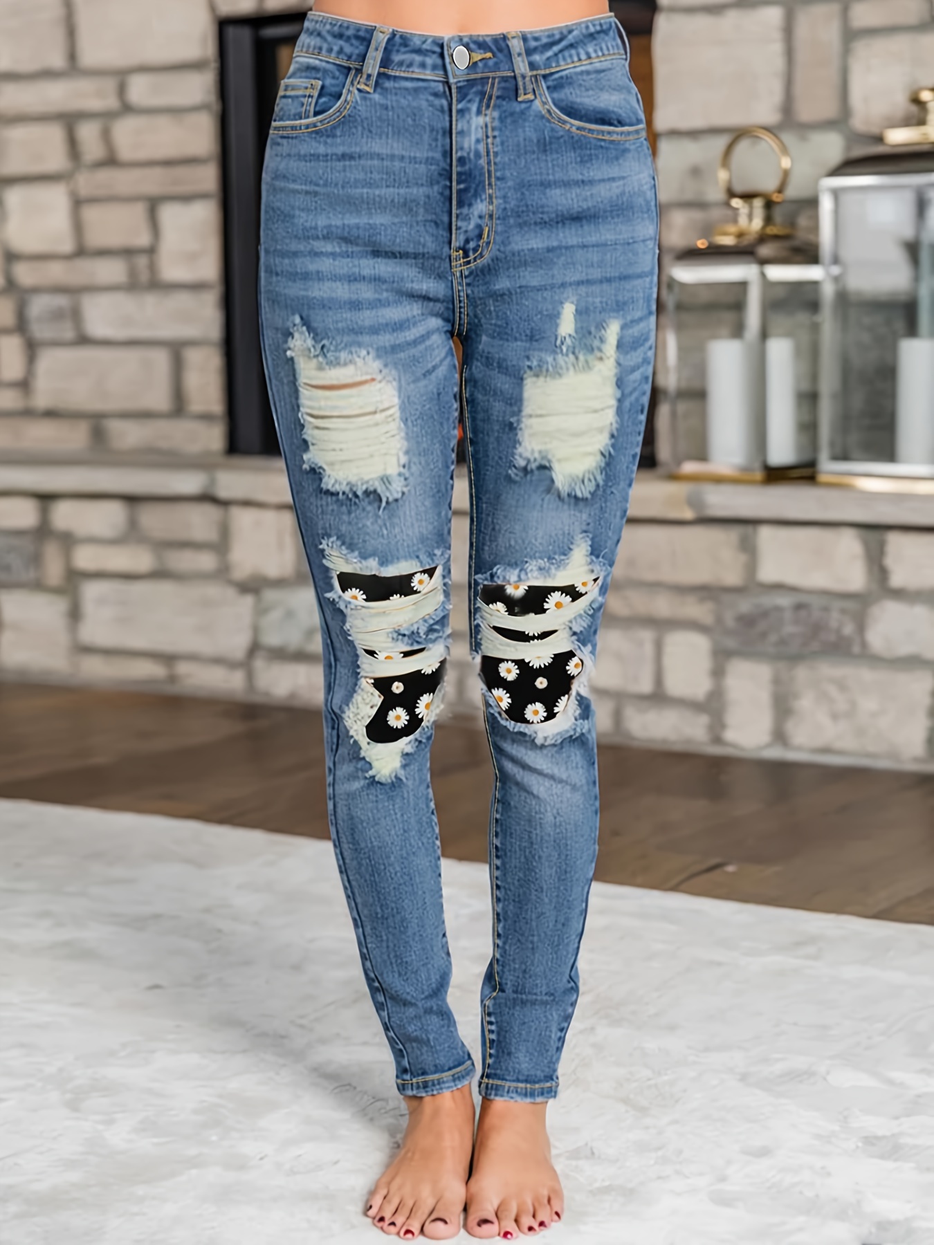 Casual Jeans Women's Plus Floral Print Ripped High Rise Jeans