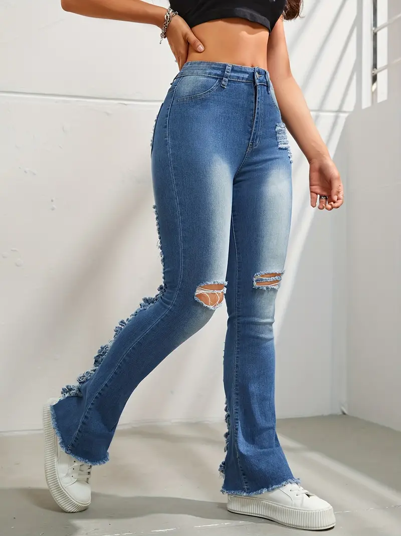 Plain Hem Flared Jeans Ultra distressed Ripped Holes - Temu