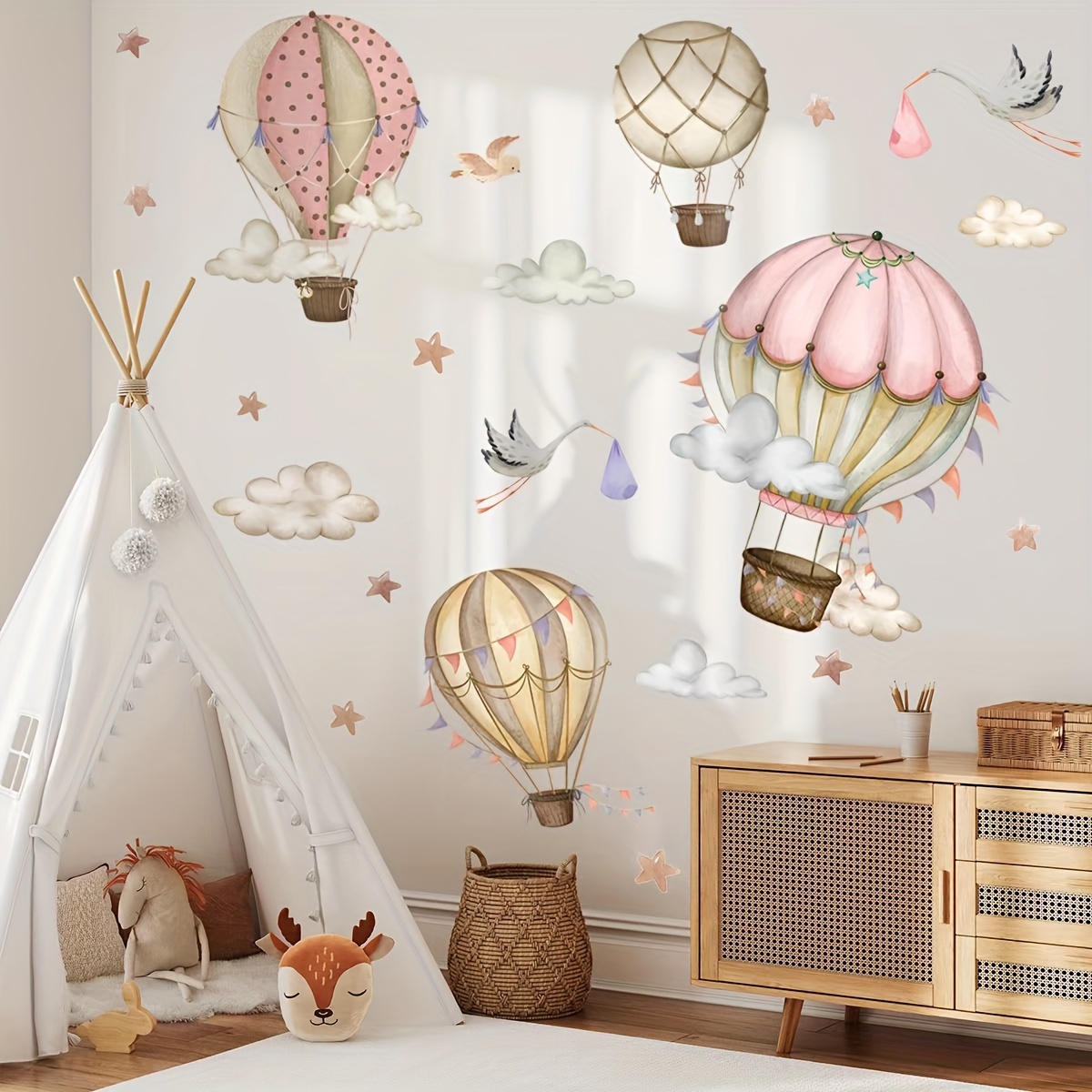 

2pcs Cartoon Hot Air Balloon Cloud Wall Decals, Living Room And Bedroom Background Wall Decor, Self-adhesive Wall Stickers
