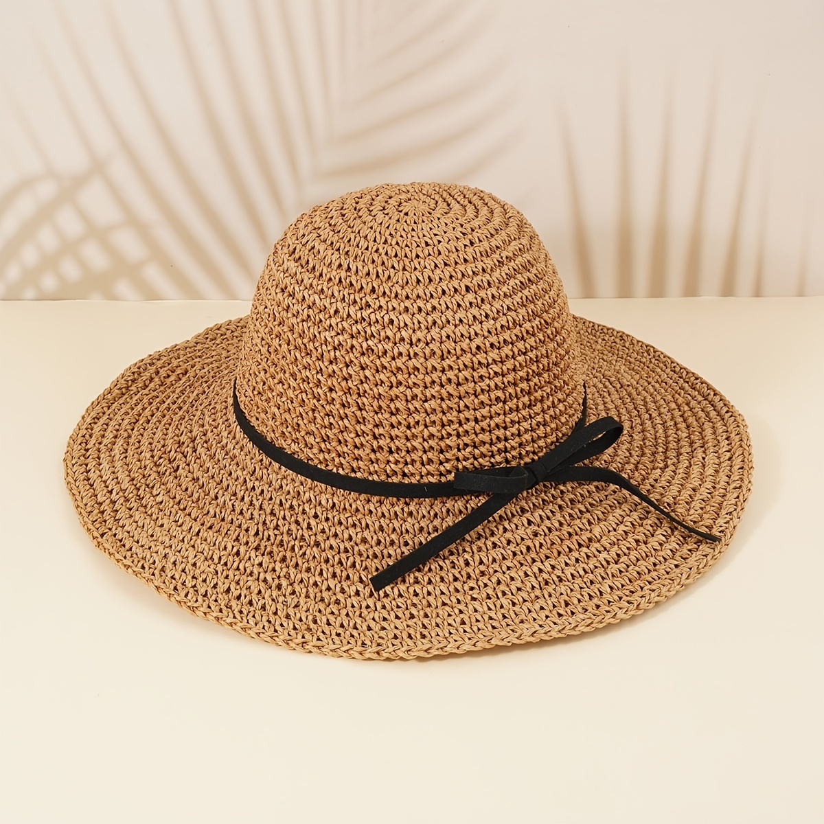 Boho Straw Hat with Thin Bow Tie for Beach Travel