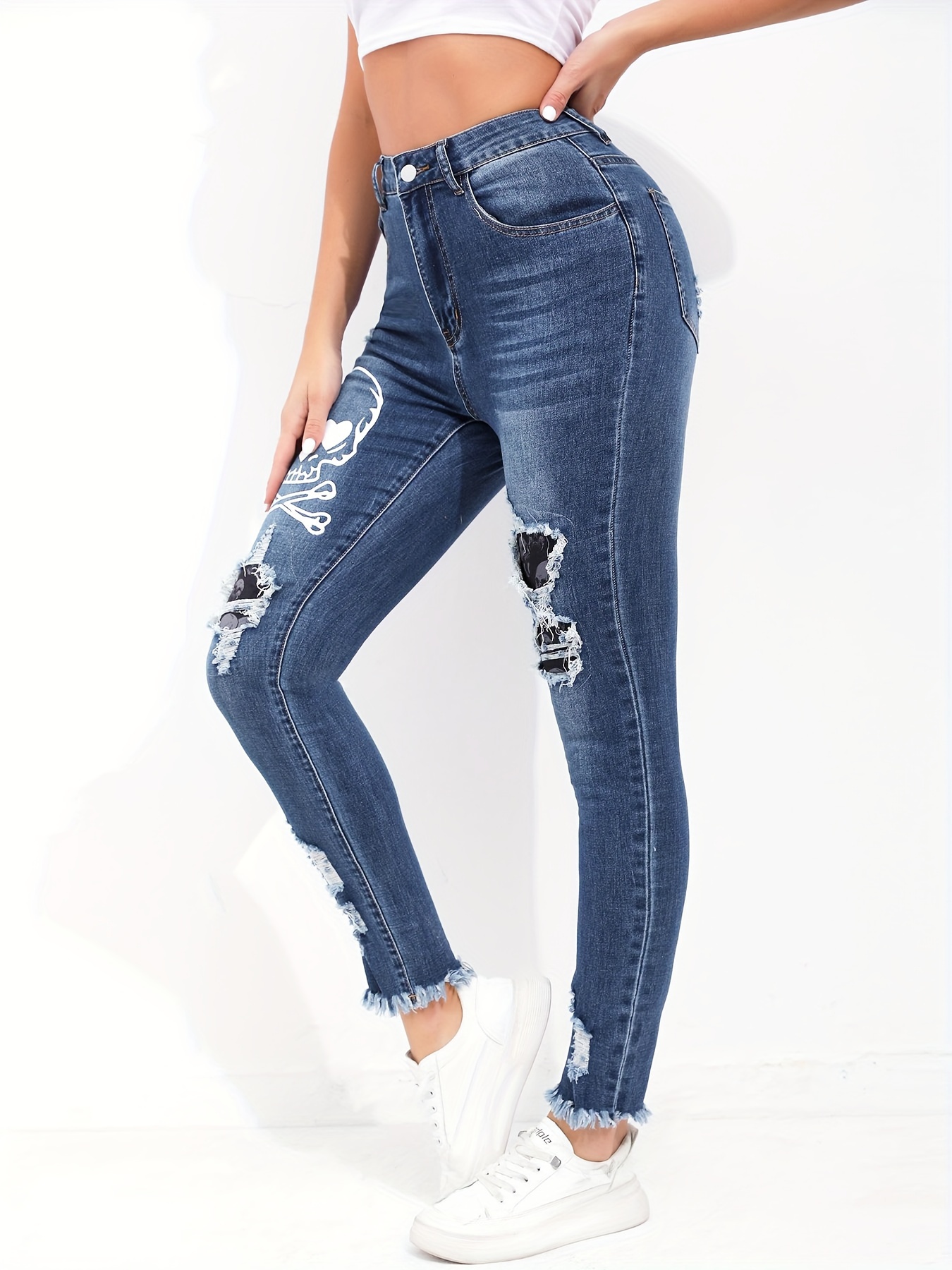 Skksst Womens Stretch Ripped Denim Jeans Printed Tight Pants