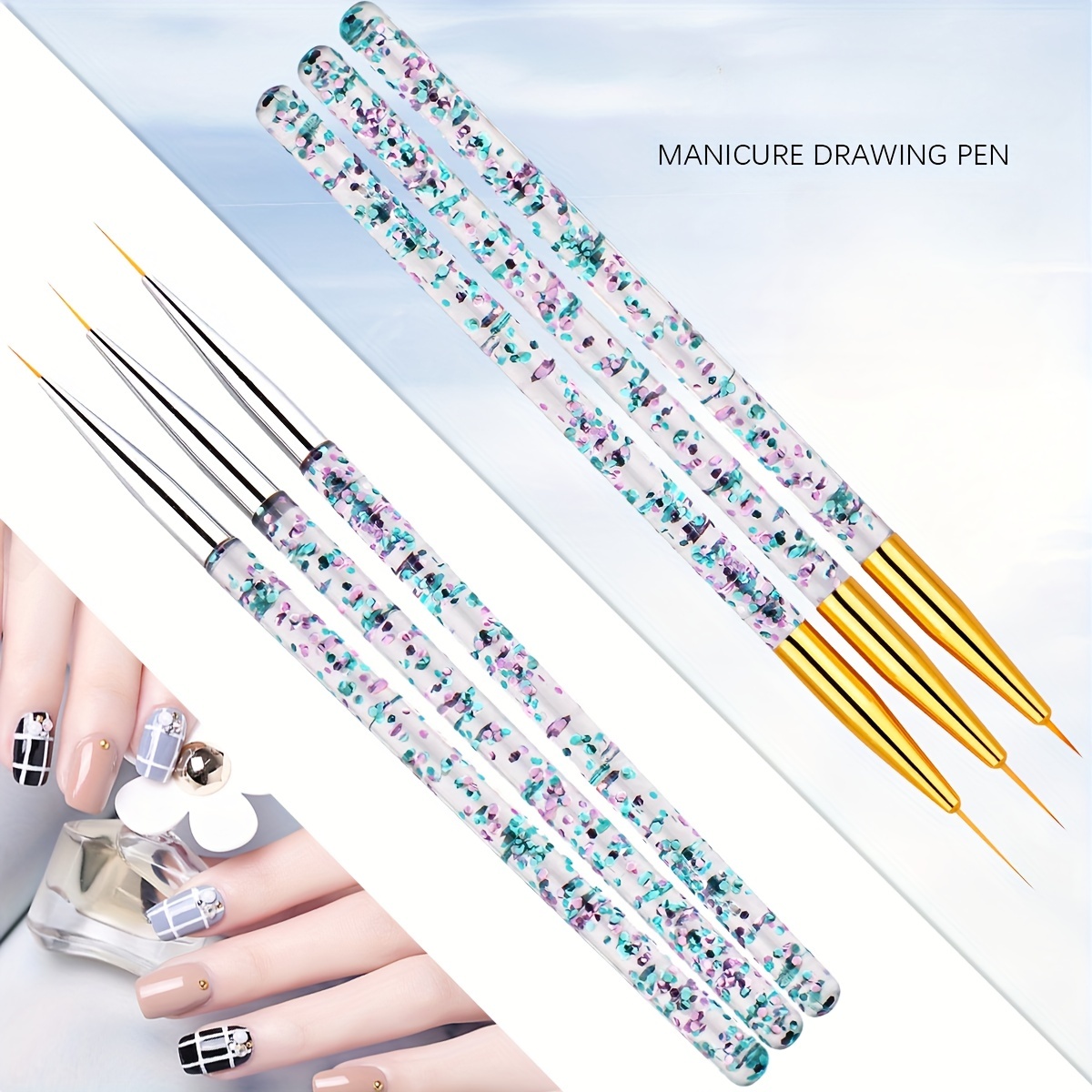 3pcs Acrylic French Stripe Nails Art Liner Brush Set 3d Tips Manicure  Accessories Line Drawing Pen Uv Gel Brushes Painting Tools