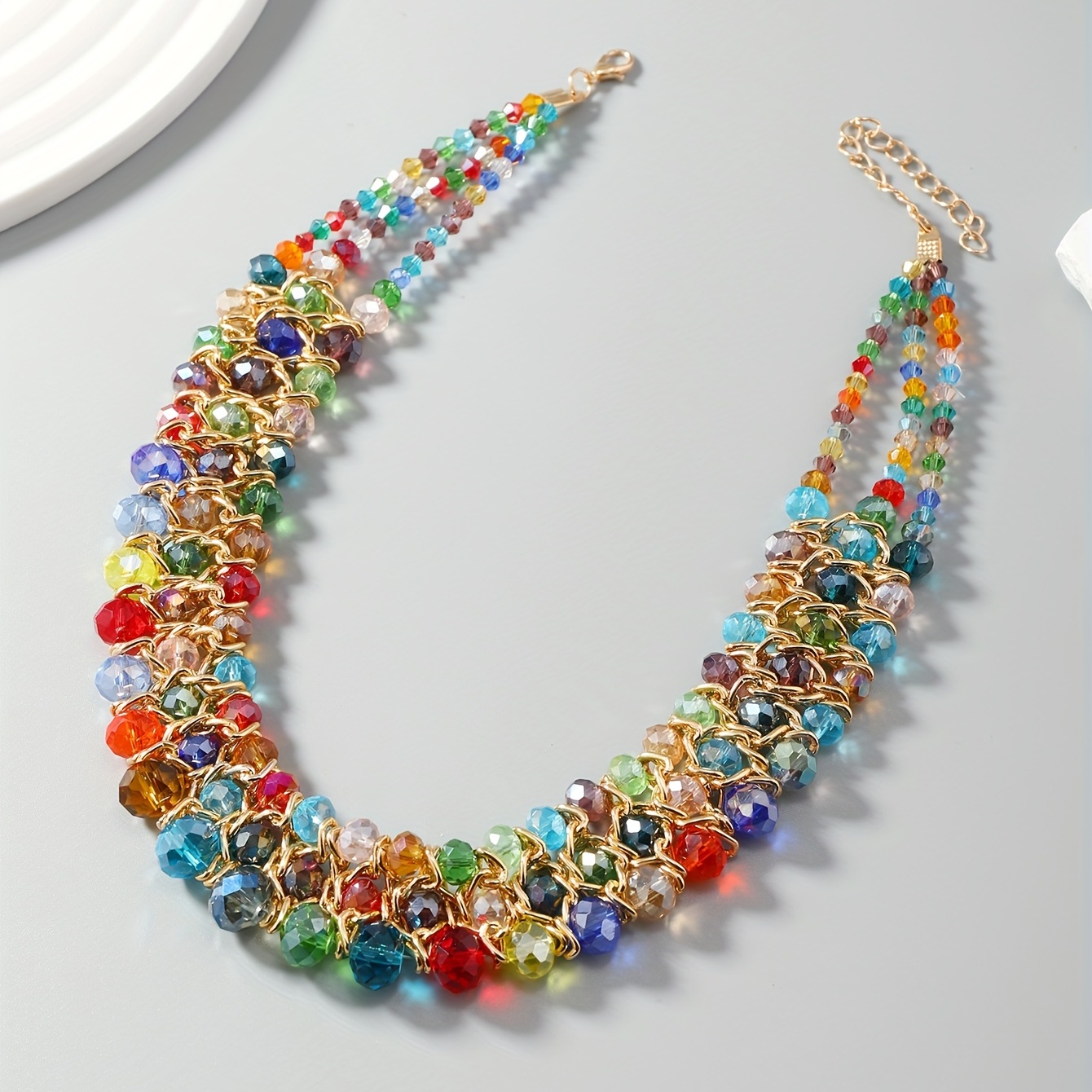 Multicolor Triple Row Crystal Beaded Necklace, Summer Beach Decor