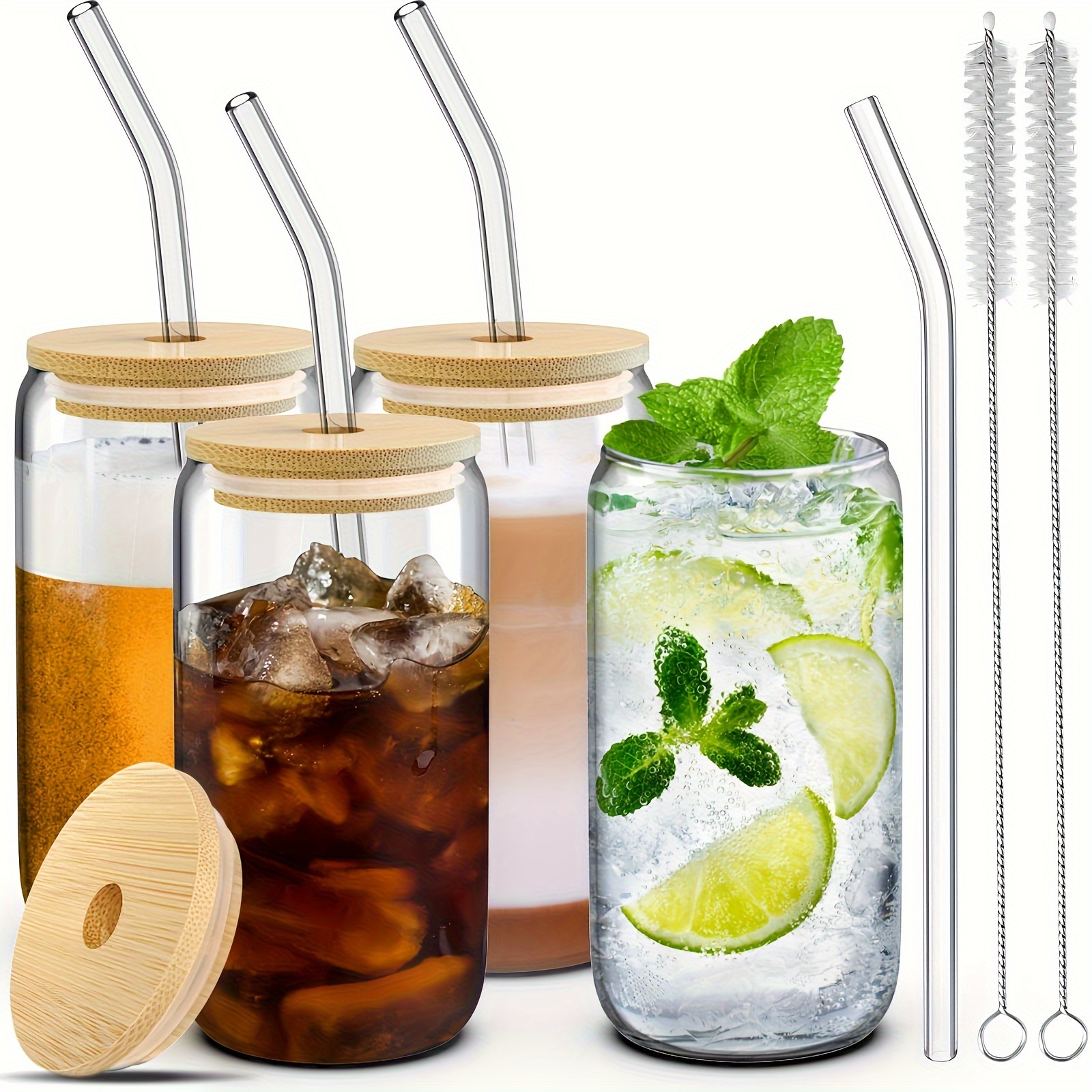 Scoozee Drinking Glasses with Bamboo Lids and Glass Straws - 16 oz, Se