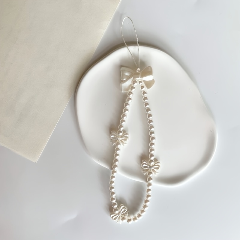 Elegant Pearl Holder with Ribbon Chain White Phone Case for iPhone