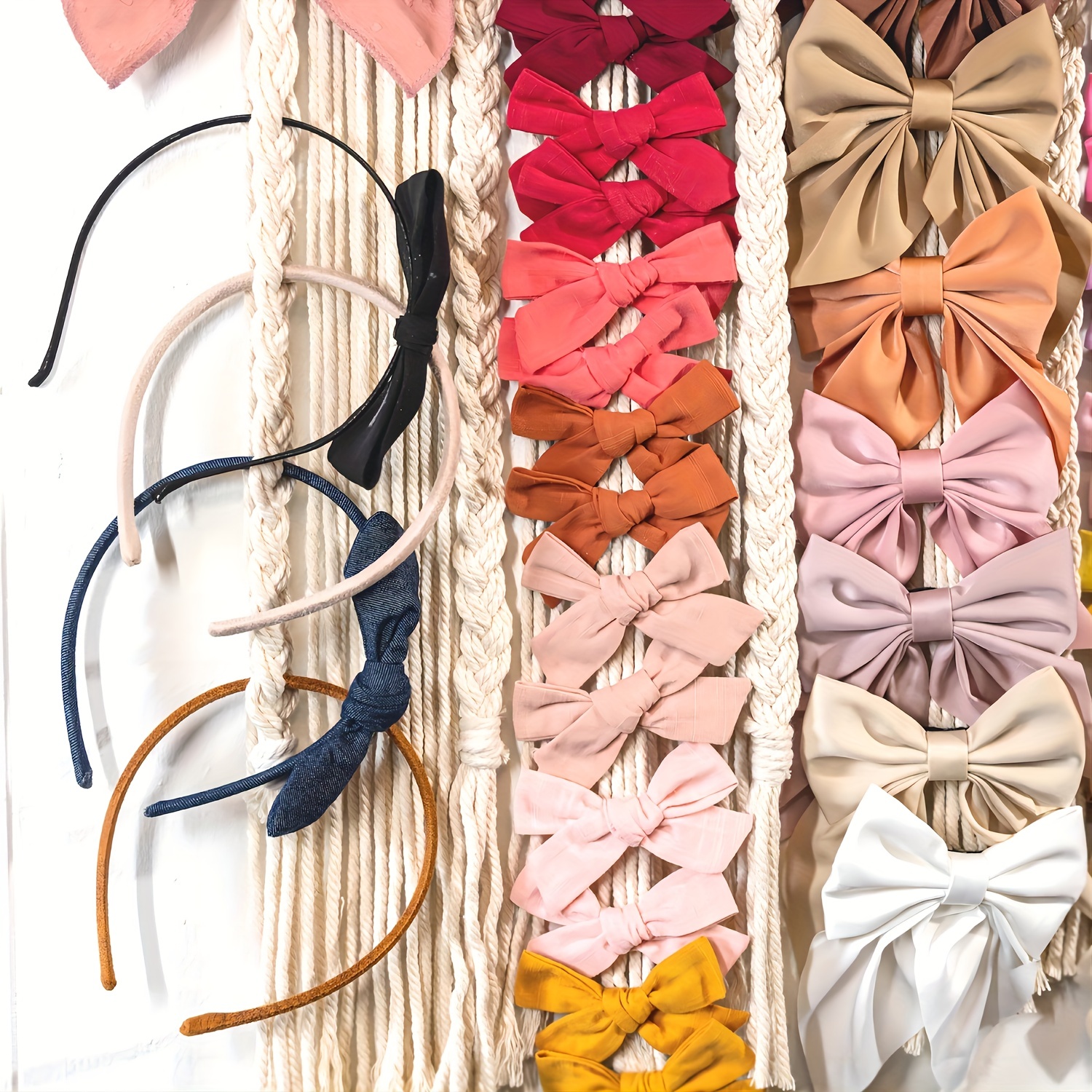Mkono Headband Holder Hair Bow Organizer Scrunchie Holder for Girls,  Macrame Bows Hanger Accessories Storage Display with 30 Hooks Wall Door  Boho