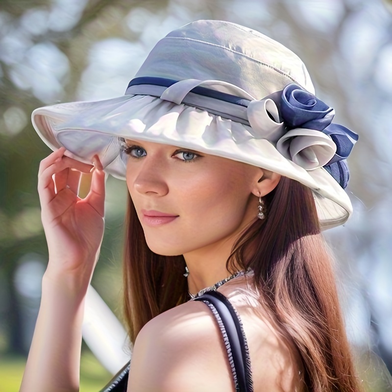 Elegant Silk Sun Hats Wide Brim Breathable UV Protection Bucket Hat Flower Decor Outdoor Travel Beach Hat for Women Girls,Temu