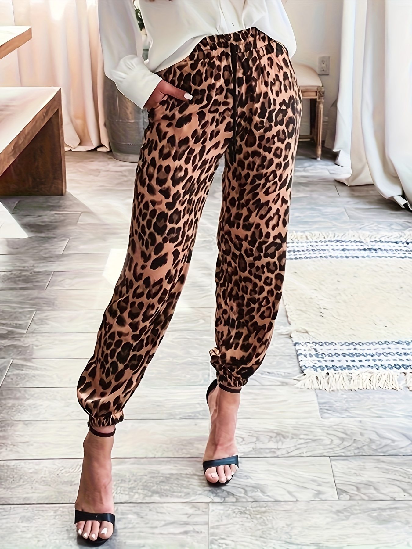 Women Leopard Elastic Waist Drawstring Trousers Casual Loose Comfy