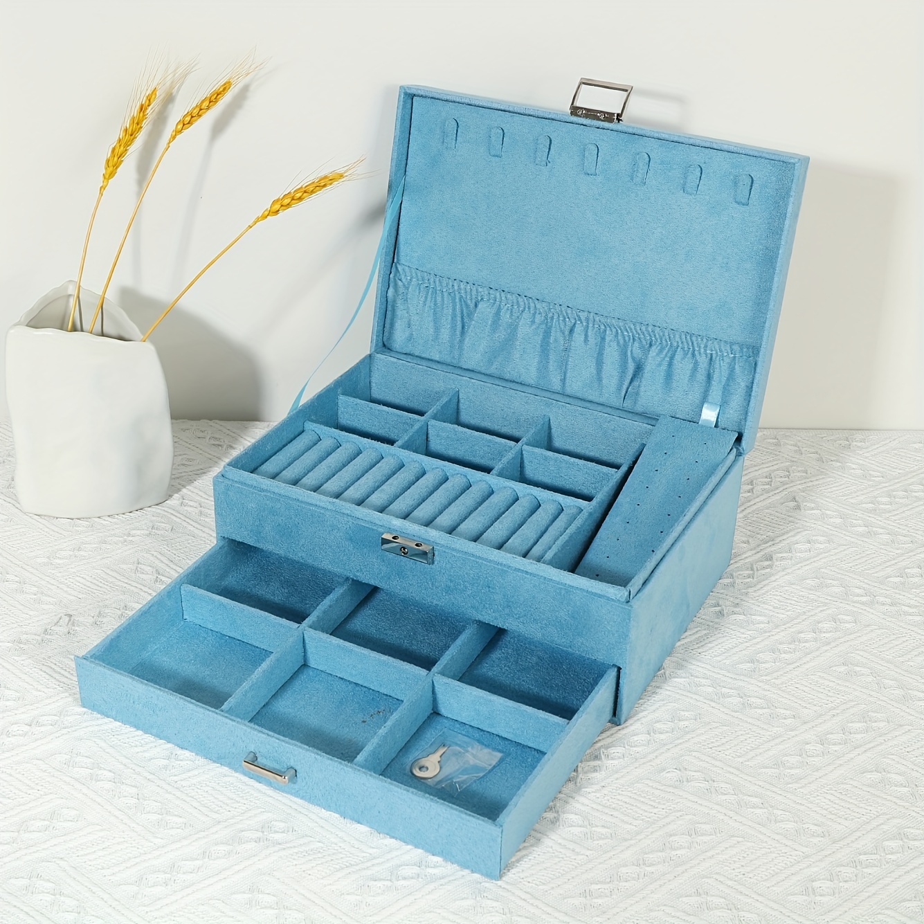 Velvet Jewelry Box Organizer - Lockable 2 Layer Travel Case