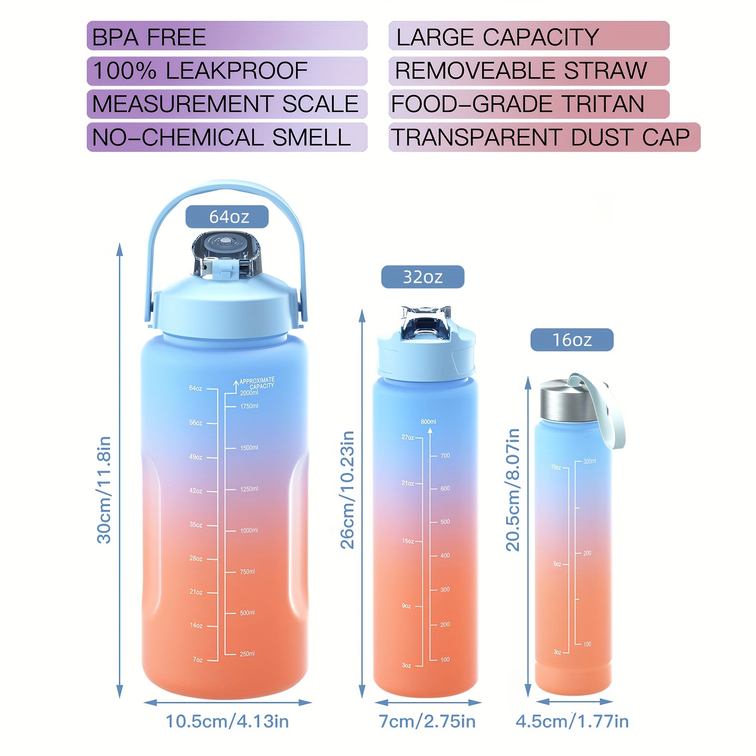 3pcs Plastic Water Bottle, Gradient Color Portable Sports Bottle