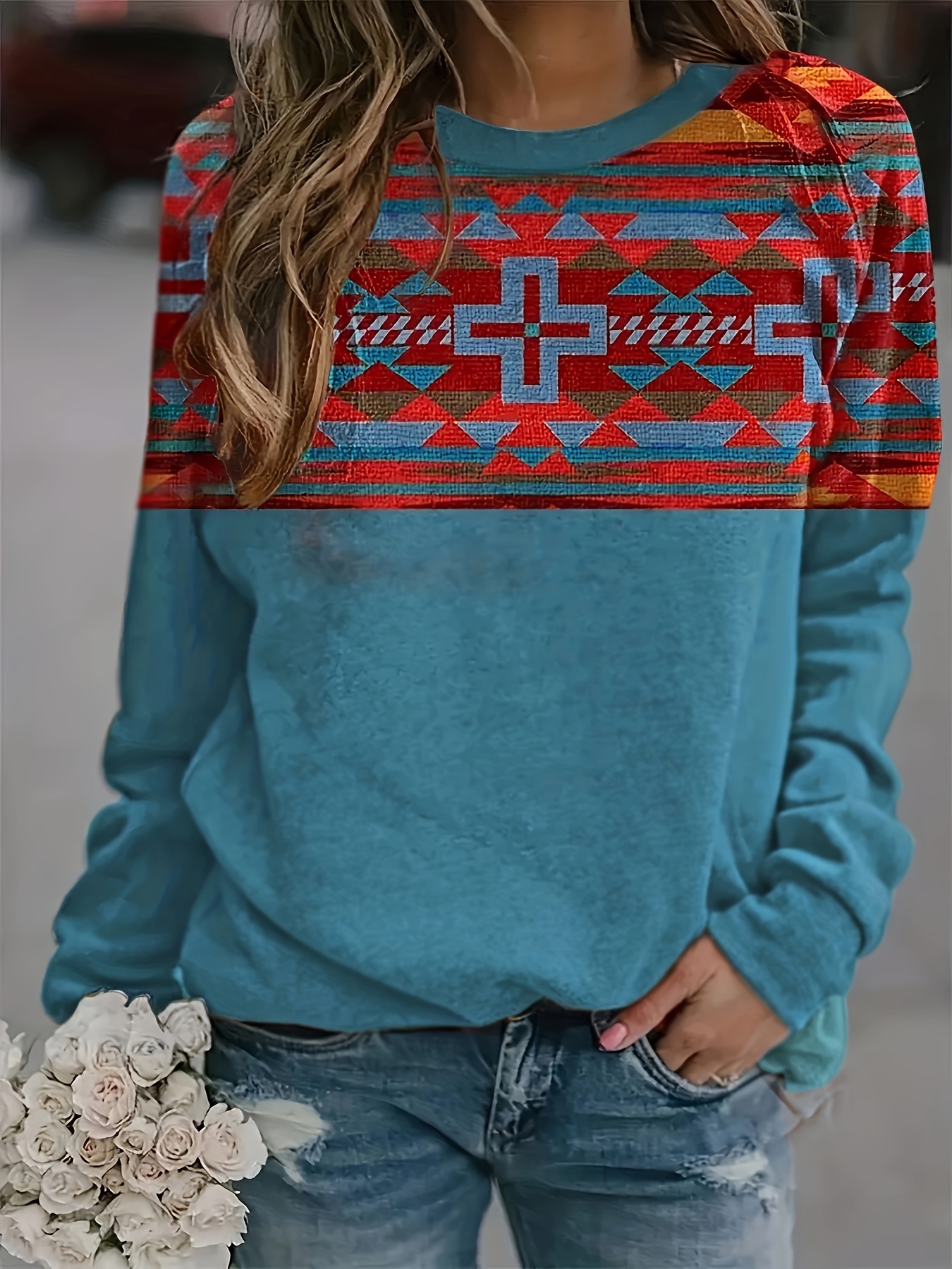 Western Aztec Print Crew Neck Pullover Sweatshirt Casual - Temu