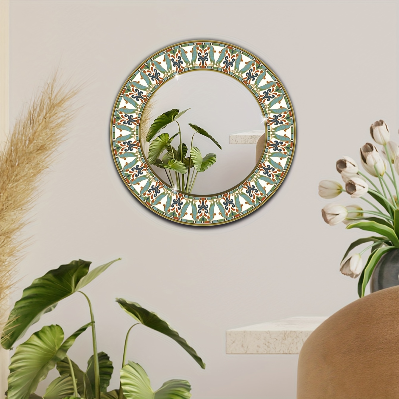 Boho Plants Pattern Round Mirror Shatterproof Self adhesive - Temu