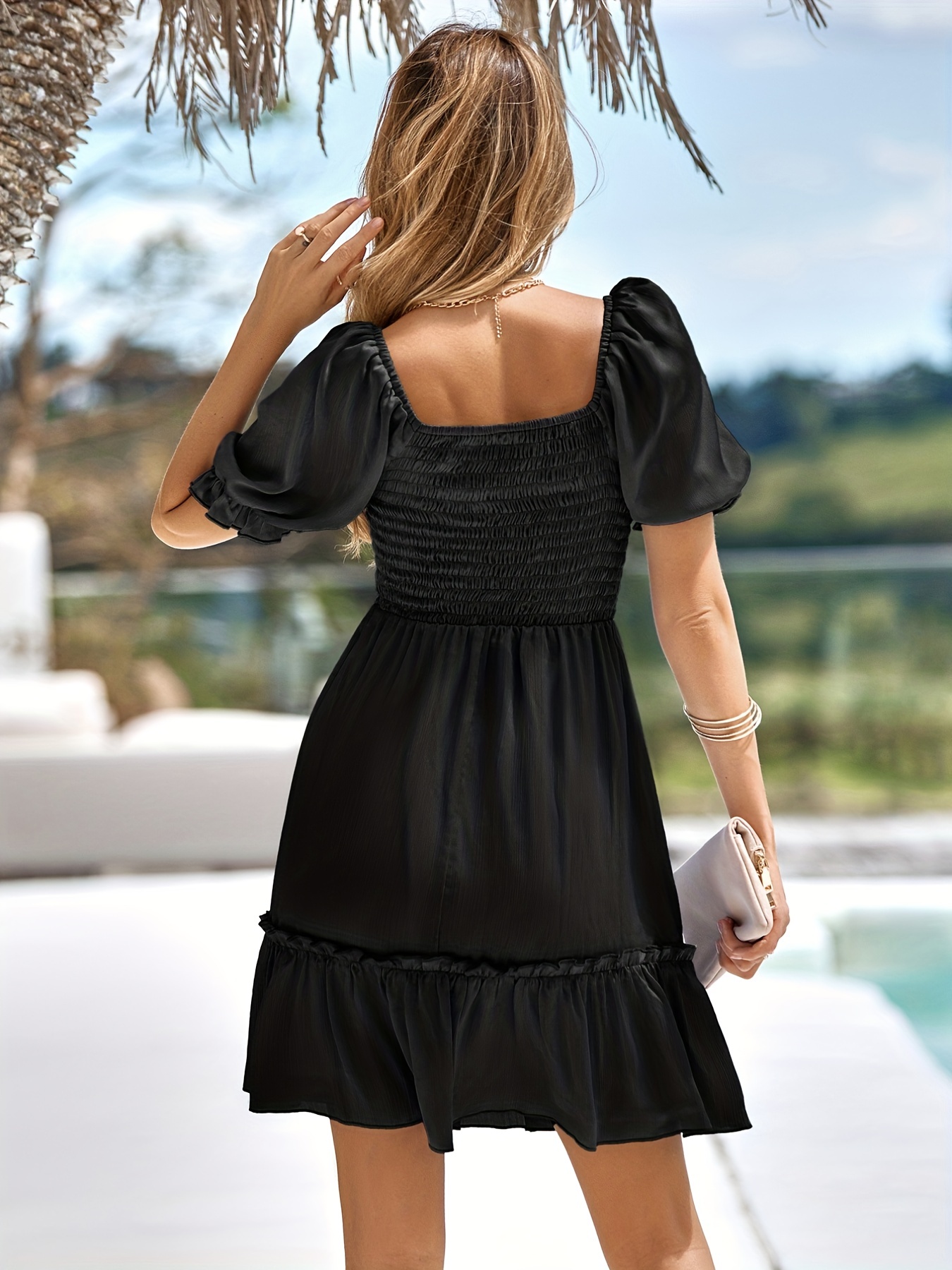 Black Square Neck Shirred Ruffle Hem Dress – Mardaz Fashion