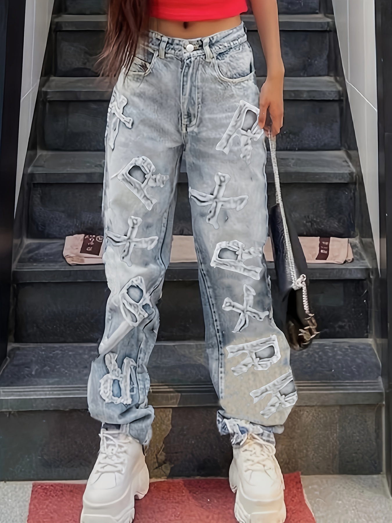 High * Straight Legs Loose Baggy Jeans, Ripped Knees Cut Out Front Wide  Legs Distressed Light Blue Boyfriend Pants, Women's Denim & Clothing