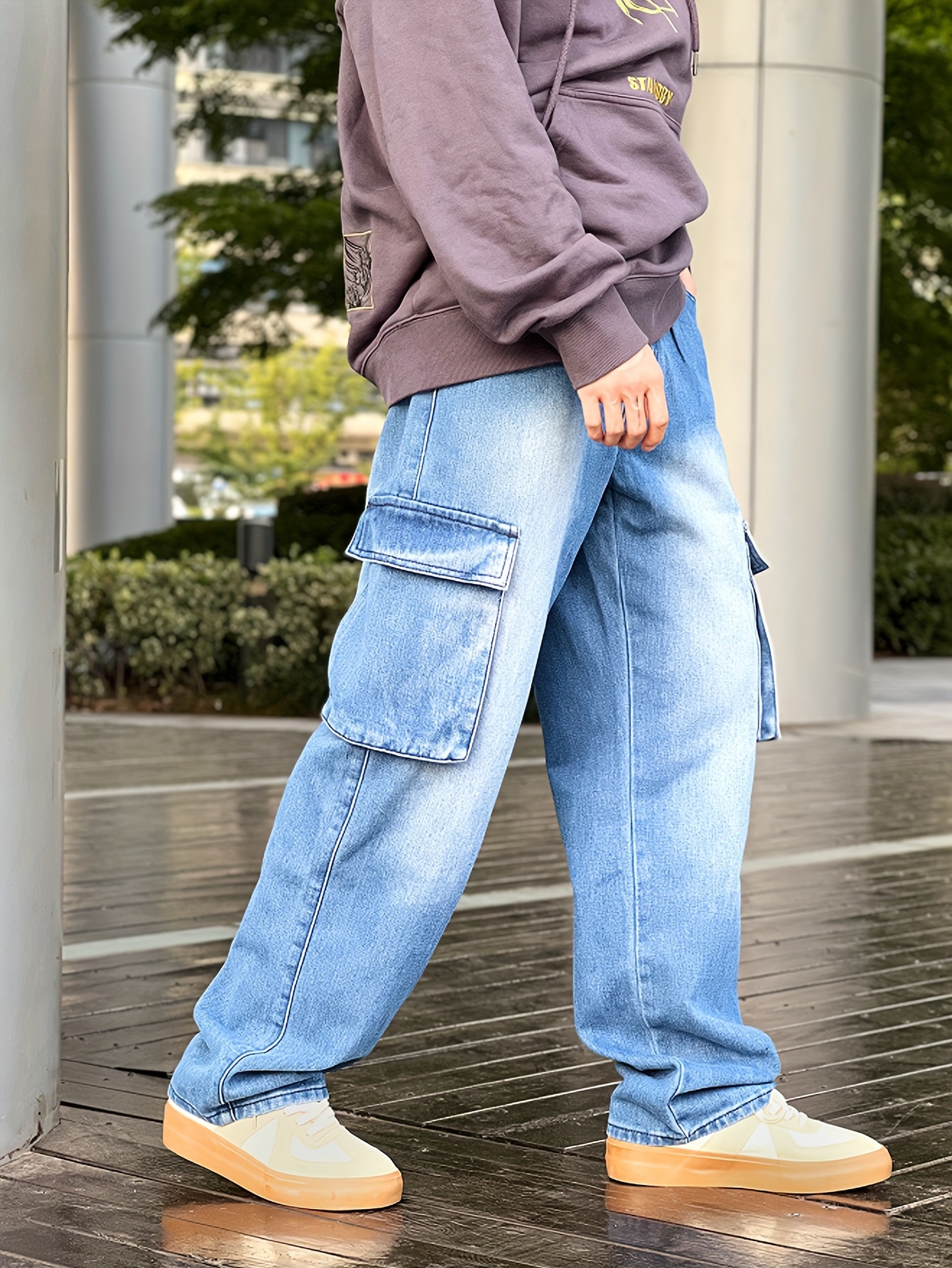 Loose Fit Multi Pocket Jeans, Men's Casual Street Style Denim Cargo Pants