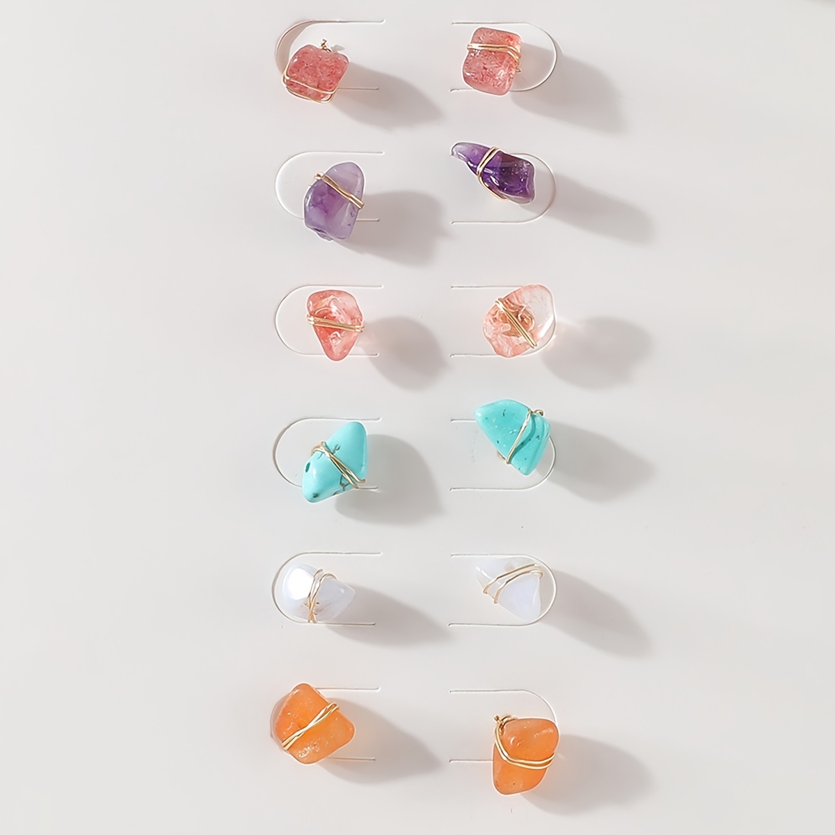 6 Pairs Raw Stone Stud Earrings Set, Random Shape