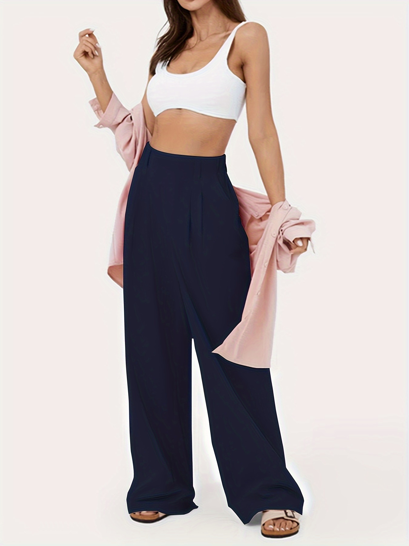 Solid Wide Leg Tucked Pants, Casual High Waist Loose Pants, Women's Clothing