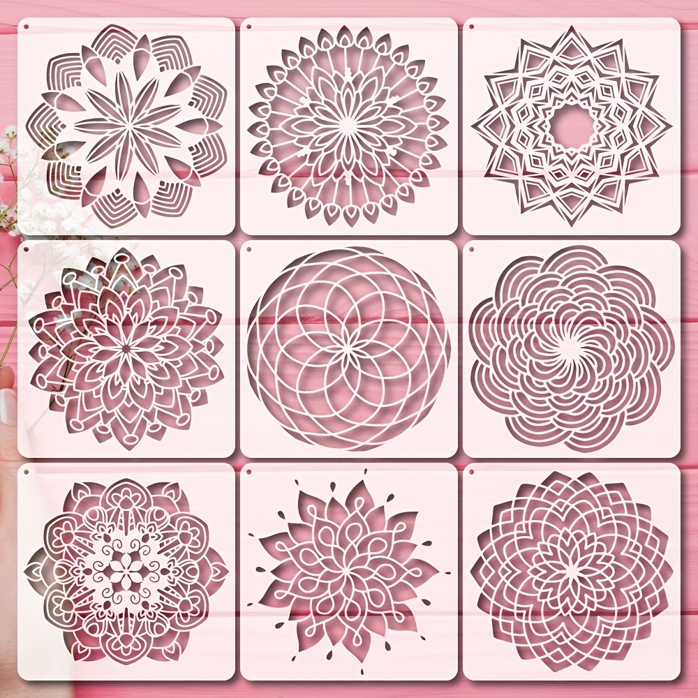 9pcs Big Mandala Stencils, 12 Inches Reusable Decorative Floral Stencil  With Metal Ring, Mandala Drawing Template For Painting On Fabric Glass  Canvas