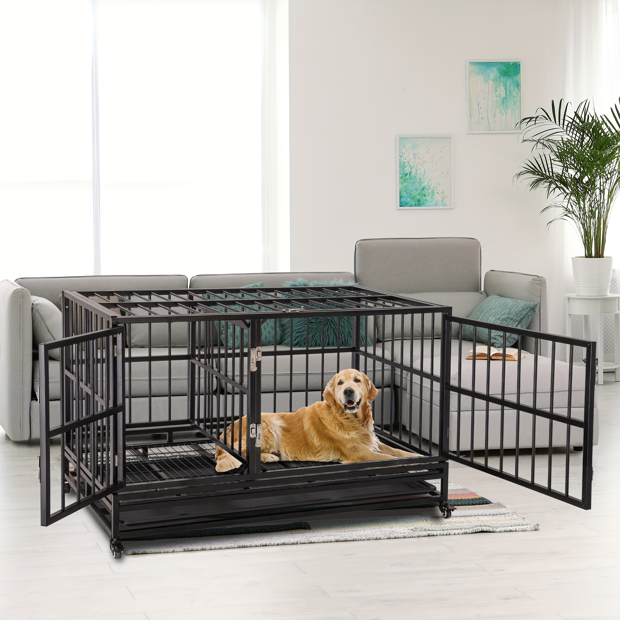 Jaula para perros de alambre de metal resistente, fácil de instalar, jaula  de metal fuerte para mascotas, jaula para perros grandes con ruedas