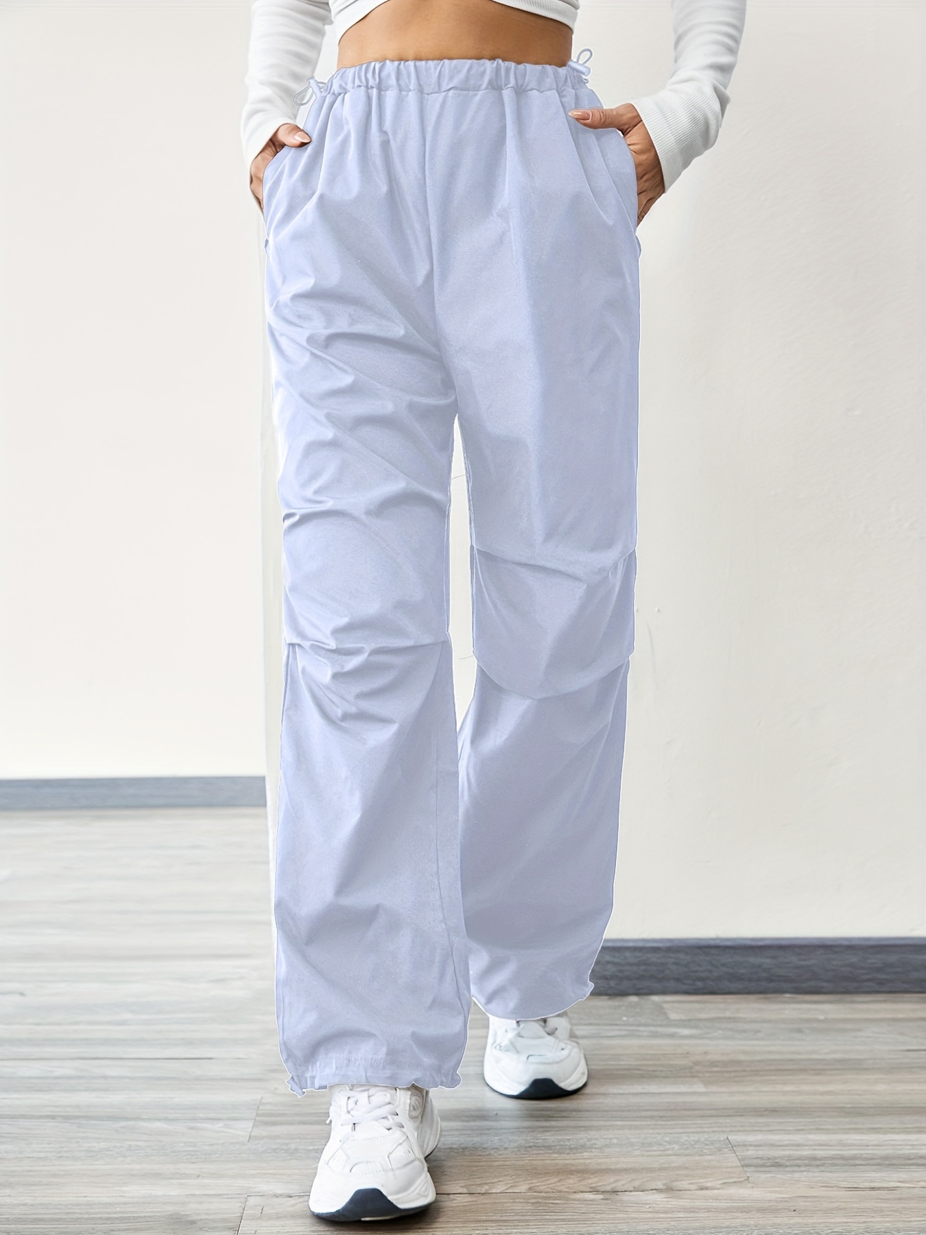 Pantalones cargo de cintura con cordón de pierna ancha  Track pants women,  Blue cargo pants, Navy blue pants outfit