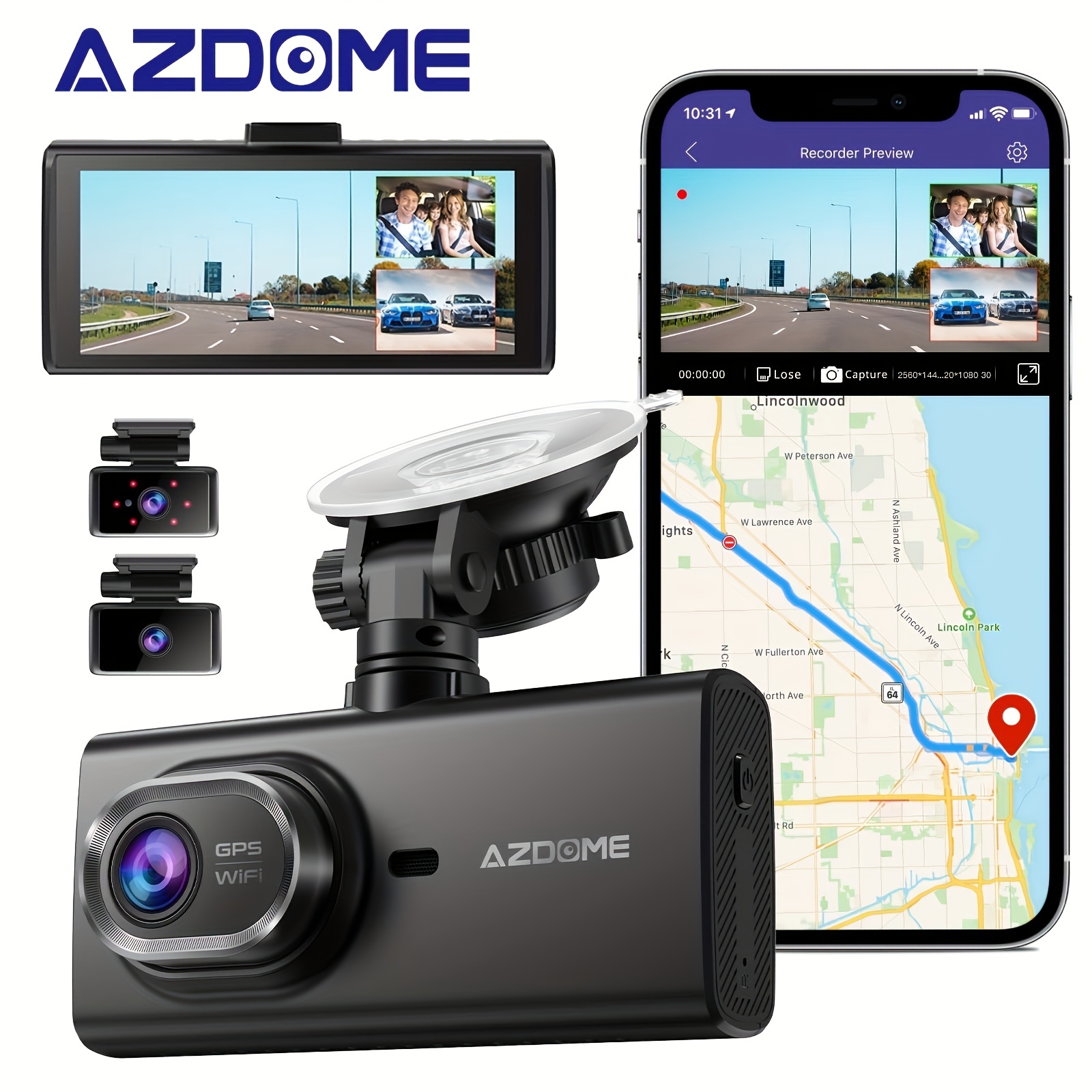 3 Channel 4K Dash Cam for Cars, 4K+2.5K Front and Rear Cabin,  1440P+1440P+1080P Triple Car Camera,Included 64GB Card, with GPS and WiFi  Wireless , IPS Screen,24 Hour Parking Mode, APP,Night Vision,WDR 