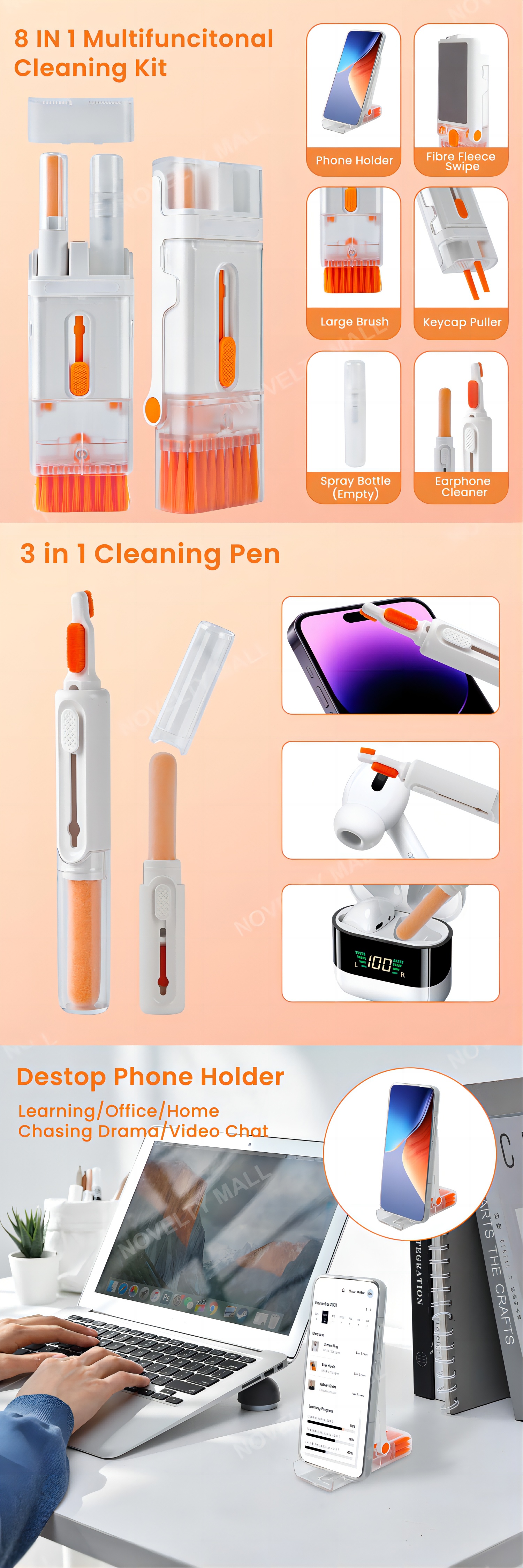 8-in-1 Cleaning Kit, Multifunctional Electronic Cleaning Kit Cleaning Brush Tool for Airpod Pro / Keyboard / Earbuds / MacBook / Headphones /