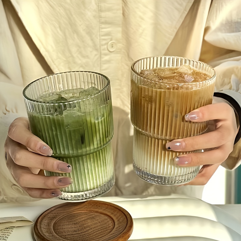

2pcs, Ribbed Glass Cups, Vertical Stripes Water Cup, Iced Coffee Cups, Drinking Glasses For Juice, Milk, Tea, And More, Summer Winter Drinkware