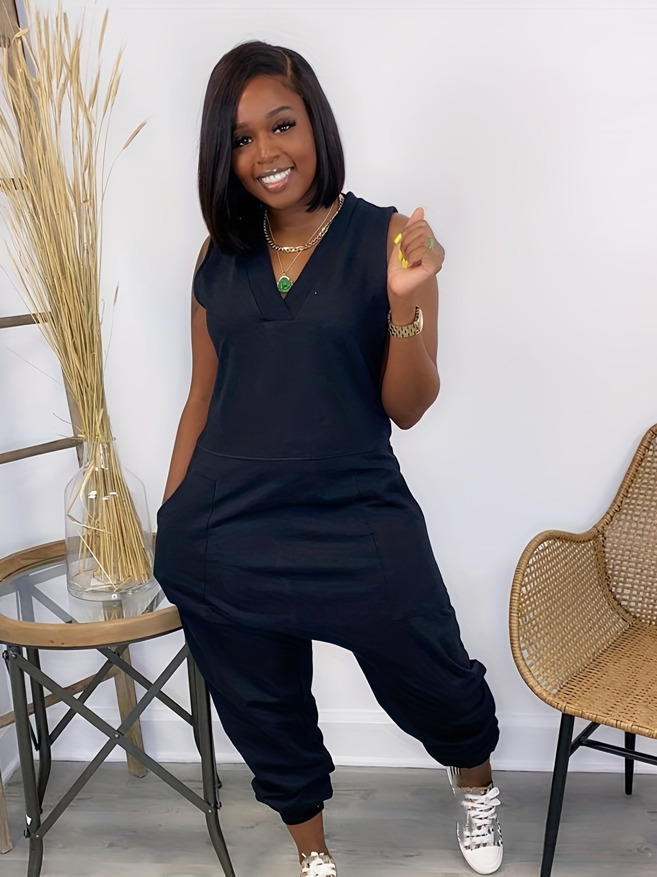 Sleeveless V Neck Jumpsuit Solid Baggy Summer Casual Jumpsuit