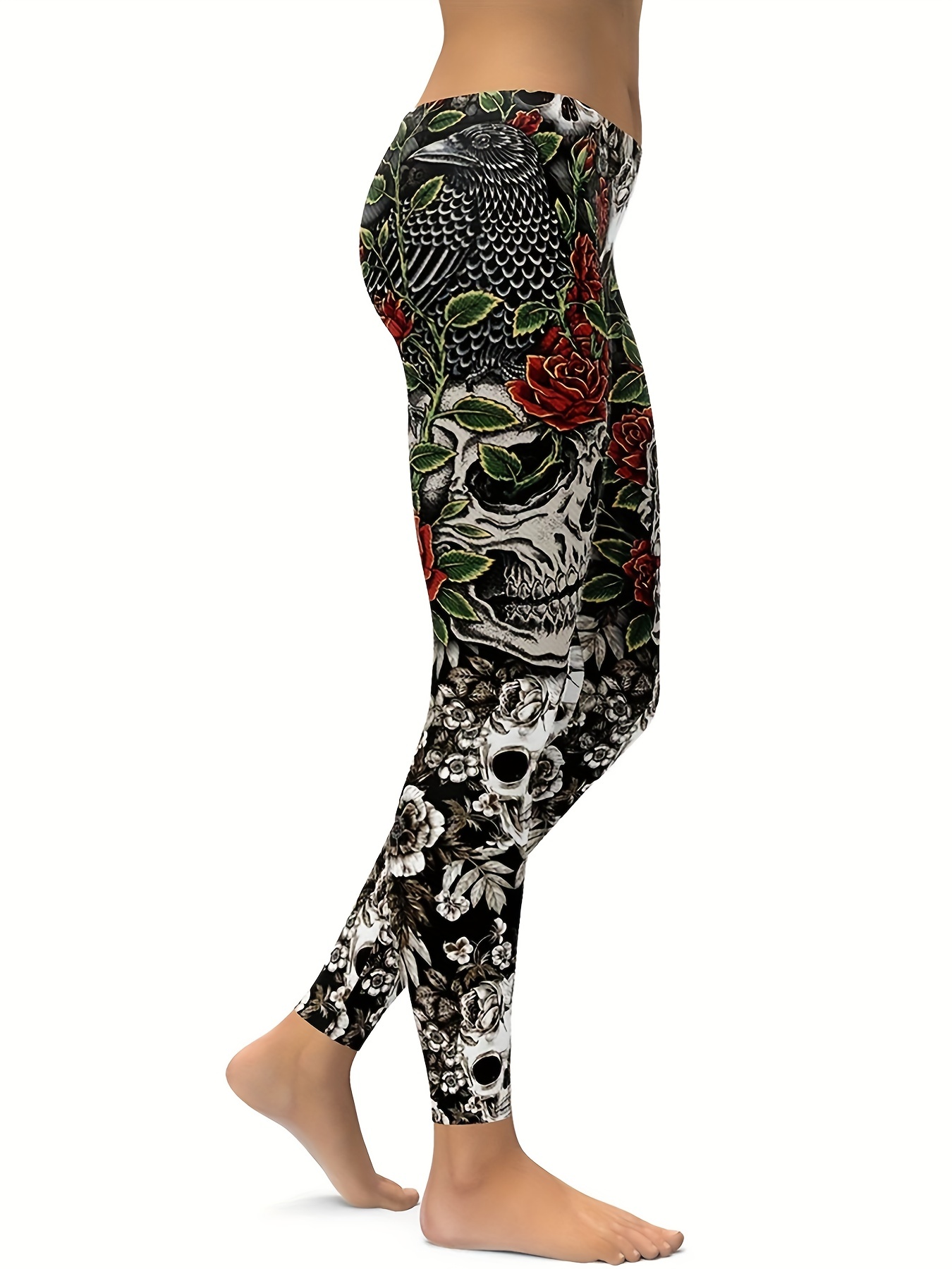 Stylish Skull Flower Print Yoga Pants High Stretch waist - Temu